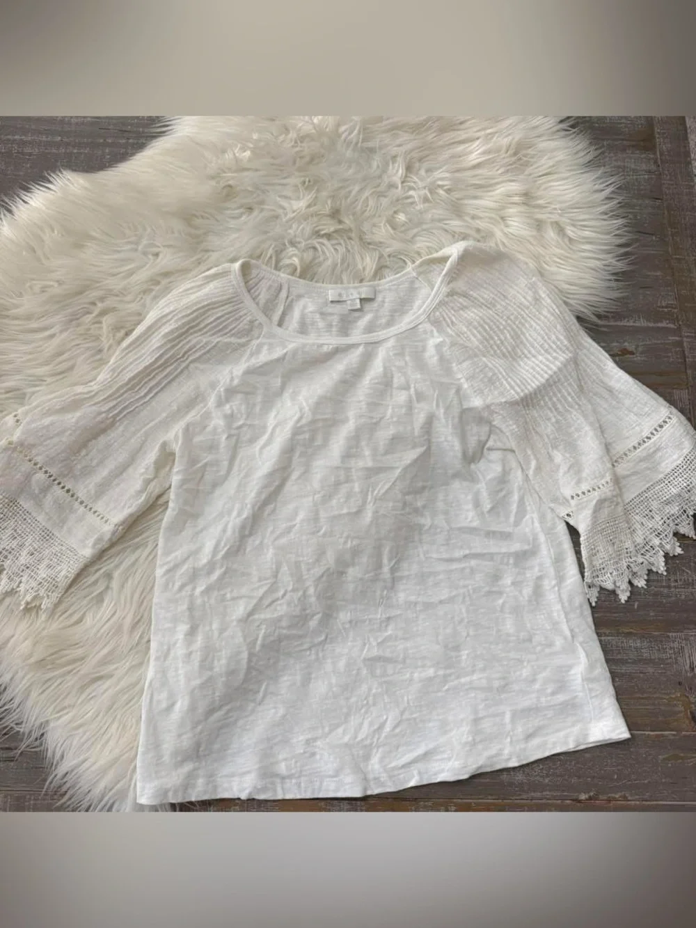 Anthropologie Eri + Ali Pennbrooke Lace Trim Top XS White Boho Bell Sleeve